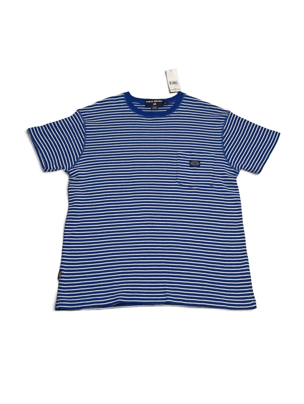 Vintage NWT Polo Sport Ralph Lauren Blue and White Striped Cotton T-Shirt Medium